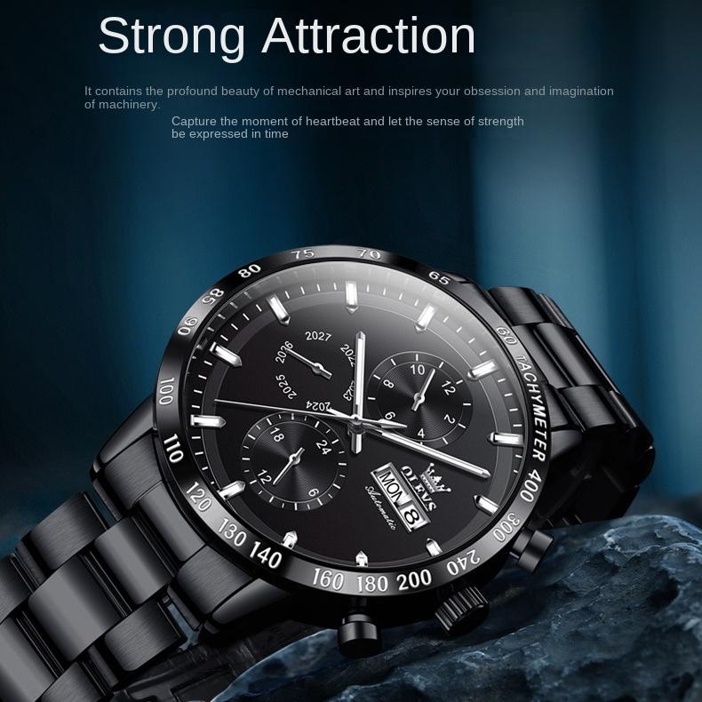 OLEVS Брендовые деловые повседневные модные автоматические механические часы с тремя глазами, мужские часы