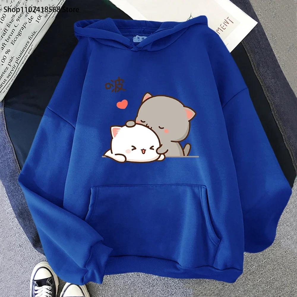 Персиковые кошачьи худи Кавайная одежда Эстетичные милые розовые топы Оверсайз толстовки с мультяшным принтом Женские теплые уличные мужские