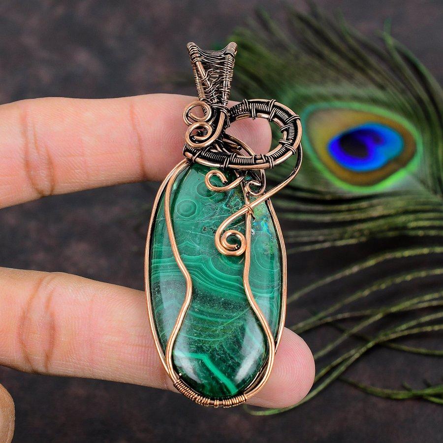 Подарочный кулон ручной работы из медной проволоки из натурального малахита 3,19 J1T84