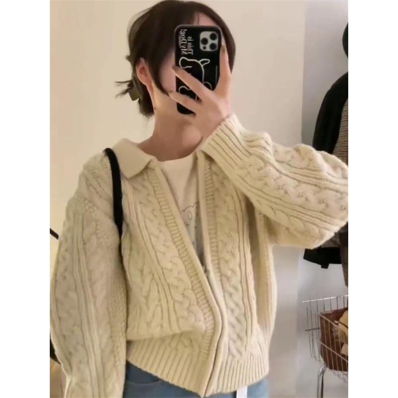 Женский трикотажный кардиган с отворотом на молнии, мягкий, восковой, осенне-зимний, в стиле ретро, утолщенный, свободный, ленивый ветер