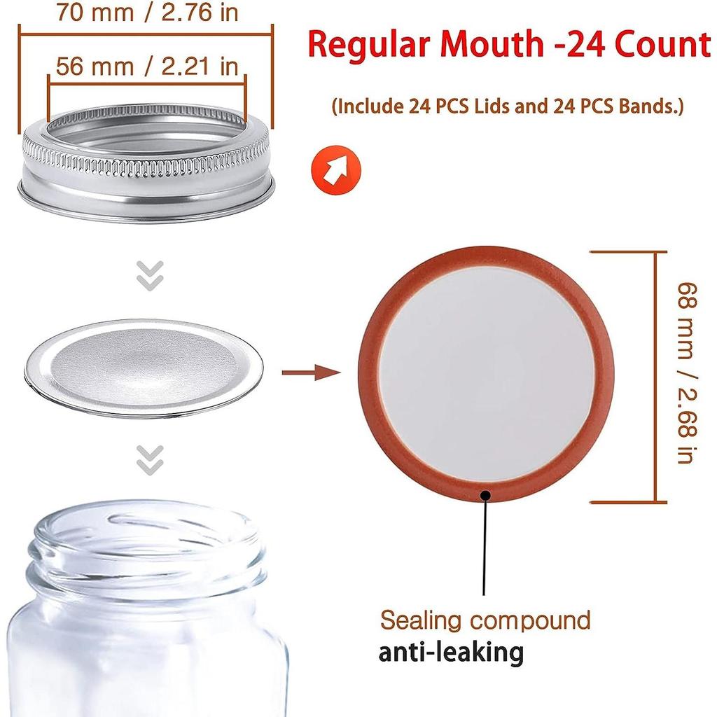 48 шт. обычные крышки и кольца для консервирования рта, крышки для каменных банок, многоразовые герметичные разъемные серебряные крышки с силиконовыми уплотнительными кольцами