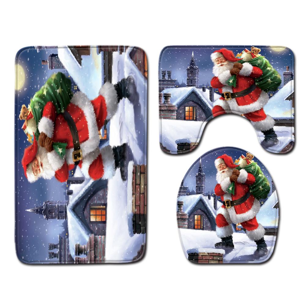 Christmas Shower Curtain Floor Mat Combination Four-Piece Set Bathroom Toilet Carpet Shower Room Mat Foot Mat