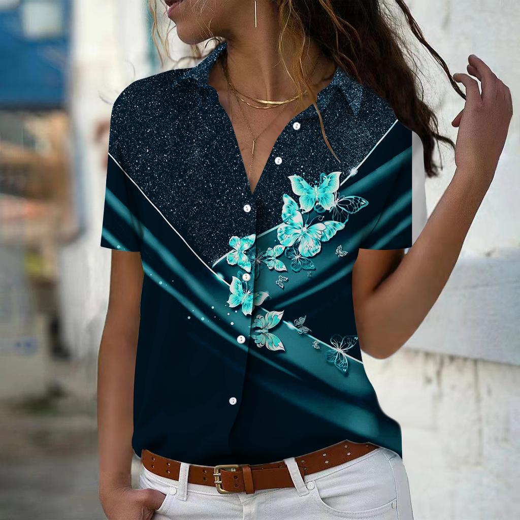 2025 Лето Новая Мода Женская Повседневная Рубашка Топ с Коротким Рукавом и V-образным Вырезом на Пуговицах с Принтом Бабочек