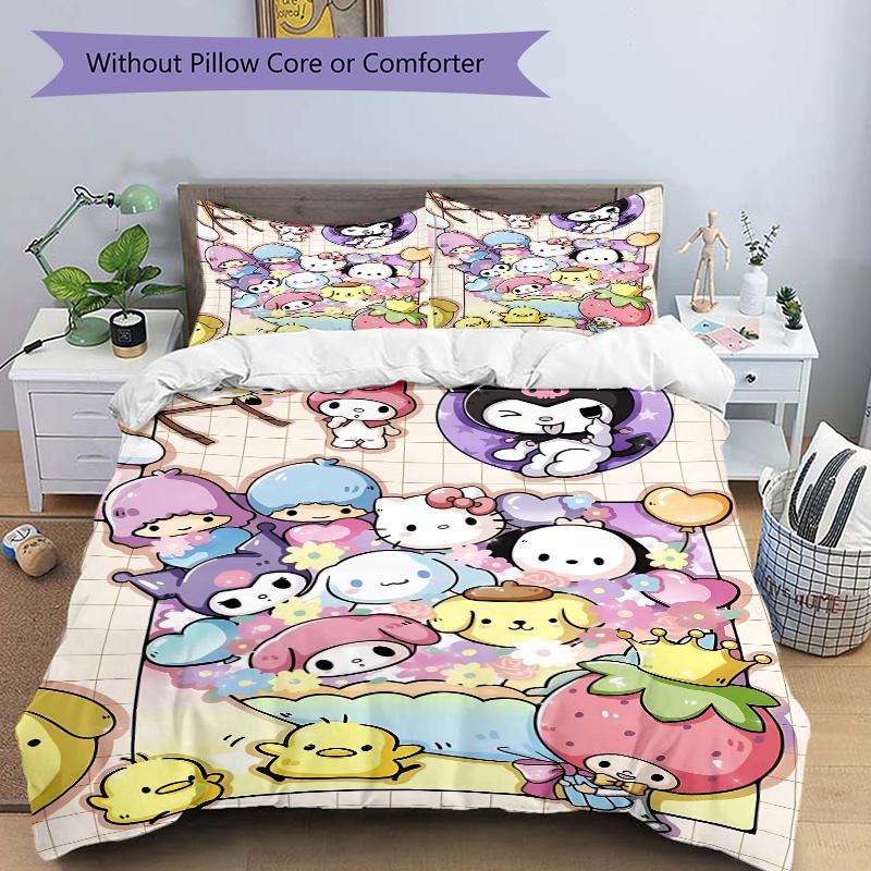 3pcs Kuromi & Friends Design Printed Quilt Set - Soft and Comfortable Quilt Cover for Bedroom, Guest Room H056