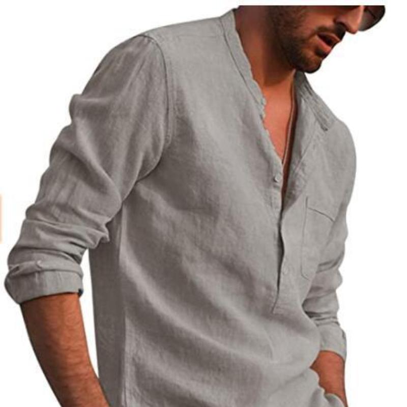 Мужская повседневная пляжная льняная рубашка с длинными рукавами и V-образным вырезом, новые универсальные тонкие модели модных рубашек
