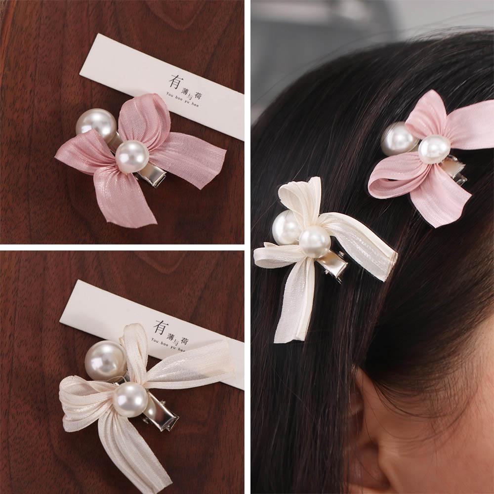 Trendy Bow Pearl  Hairpin Elegant Bangs Pearl Clips Fashion Bowknot Hair Clips  Wedding