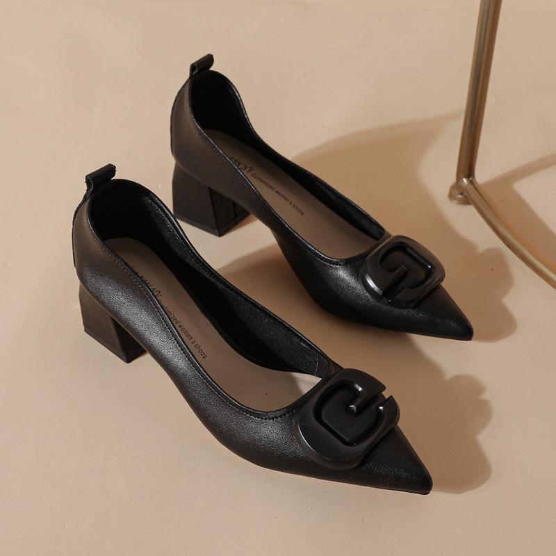 Кожаные толстые каблуки высокие каблуки женственные туфли мягкие кожаные удобные не устающие ноги одинарные туфли бежевые