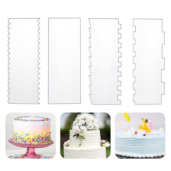 4Pcs Cake Scraper Set Large Clear Acrylic Cakes Smoother Scraper Cake Stripes Edge Contour Comb for DIY Icing Frosting Buttercream Cream Decorating