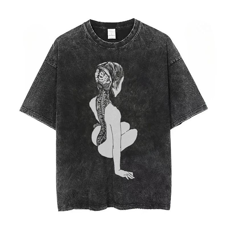 Japanese Horror Manga Tomie Style Acid Wash Graphic Unisex Heavyweight Cotton Oversized Streetwear TShirt