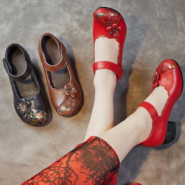 Johnature Женская обувь из натуральной кожи с принтом в этническом стиле, туфли-лодочки в стиле ретро с круглым носком, на толстом каблуке и на мягкой подошве