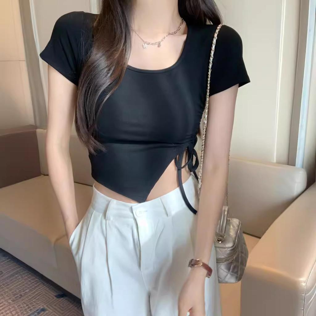 Irregular Square Collar Short Sleeve T-shirt Slim Fit Slimming Sweet and Spicy Style Drawstring Short Top Summer