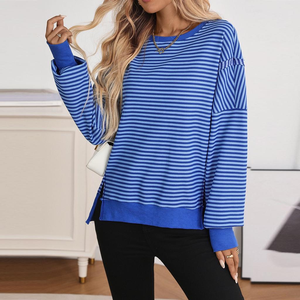 Женский лонгслив с круглым вырезом, в полоску, универсальный, повседневный, свободный