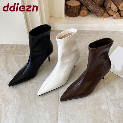 Мода Мода Эластичные Женские Ботильоны Стрейч На Каблуках Женская Обувь Слипоны Острый Носок Женские Короткие Современные Ботинки Туфли
