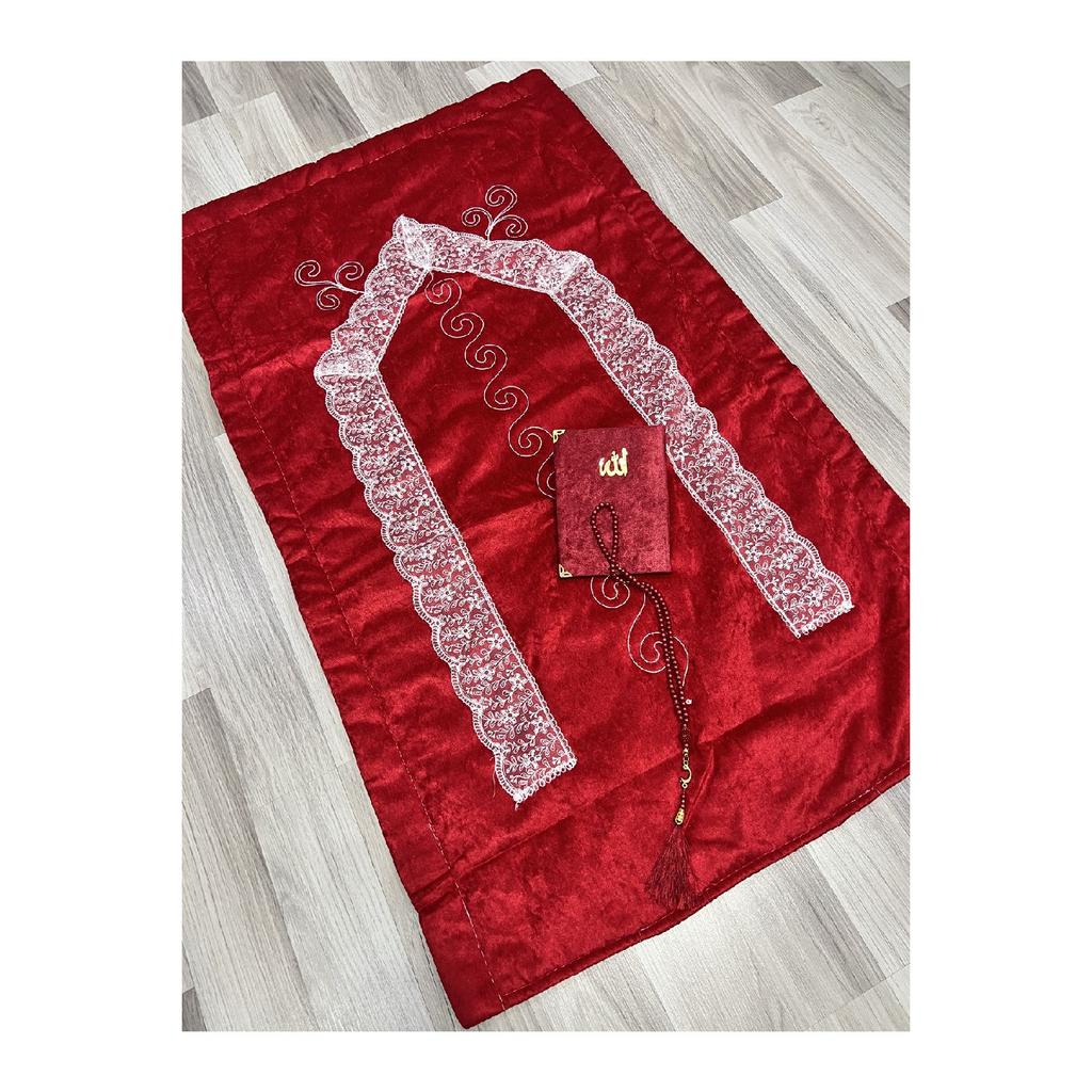 3 Piece French Guipure Embroidered Velvet Dowry Bridal Set Prayer Rug