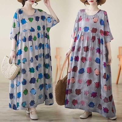 Летнее литературное и ретро хлопково-льняное платье с принтом, круглый вырез, короткий рукав, богемное повседневное платье для пляжа, внешняя торговля