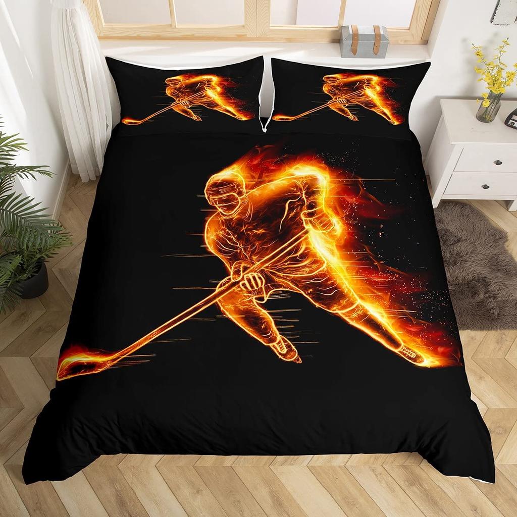 Ice Hockey Duvet Cover Twin Hockey Sports Player Bedding Set Winter Extreme Sports Game Comforter Cover Set Sports Arena Bedding