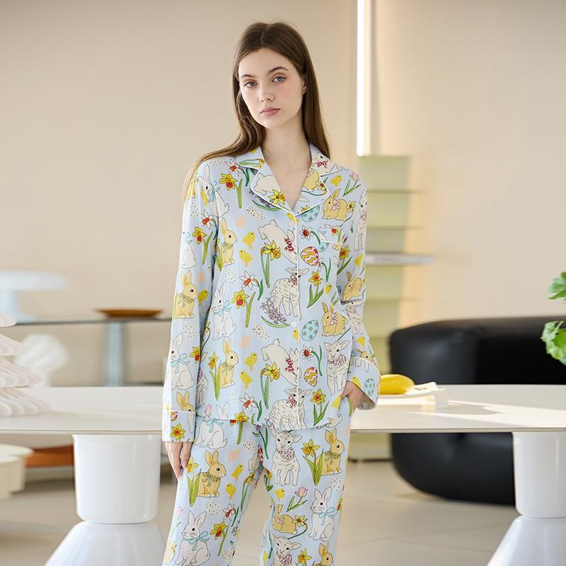 Womens Lightweight Cotton Pajama Set Long Sleeve Top Pants Comfortable Home Wear