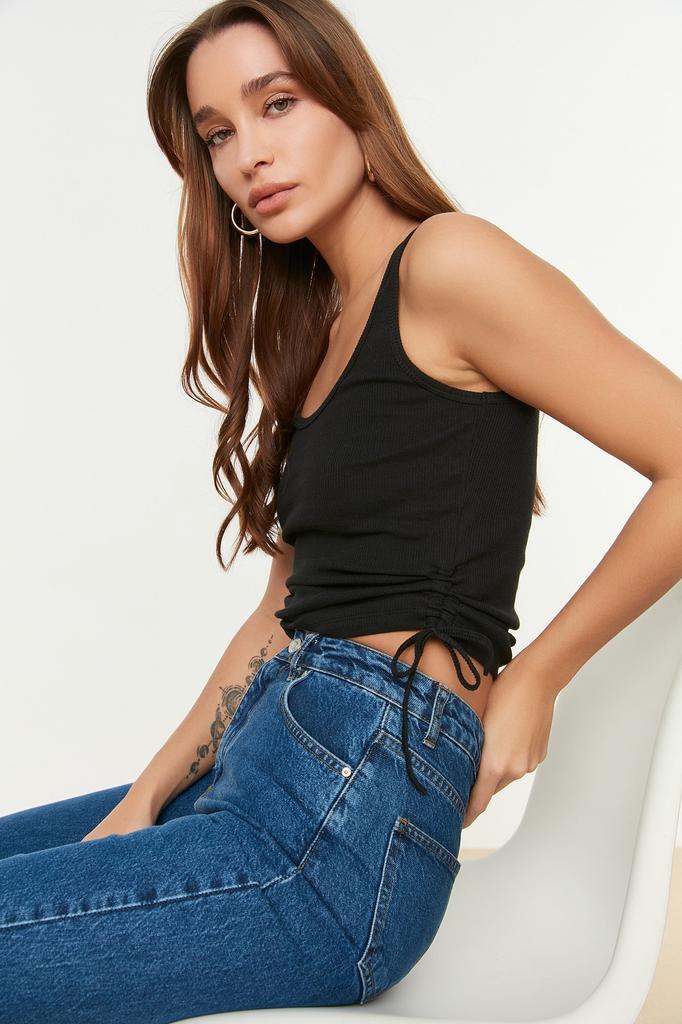 Women's Fashion New Athlete Black-White 2-Pack Drawstring Detailed Pool Neck Ribbed Flexible Knitted Athlete