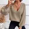 European & American Women's V-neck Solid Color Autumn Sweater - Loose Fit, Long Sleeve with Bow Detail