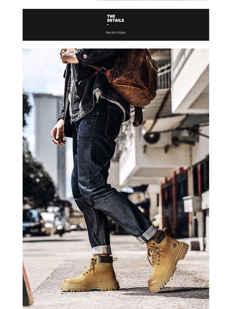 Мужские осенне-зимние ботинки хай-топ из натуральной кожи, плюшевые уличные рабочие ботинки желтого цвета в британском стиле