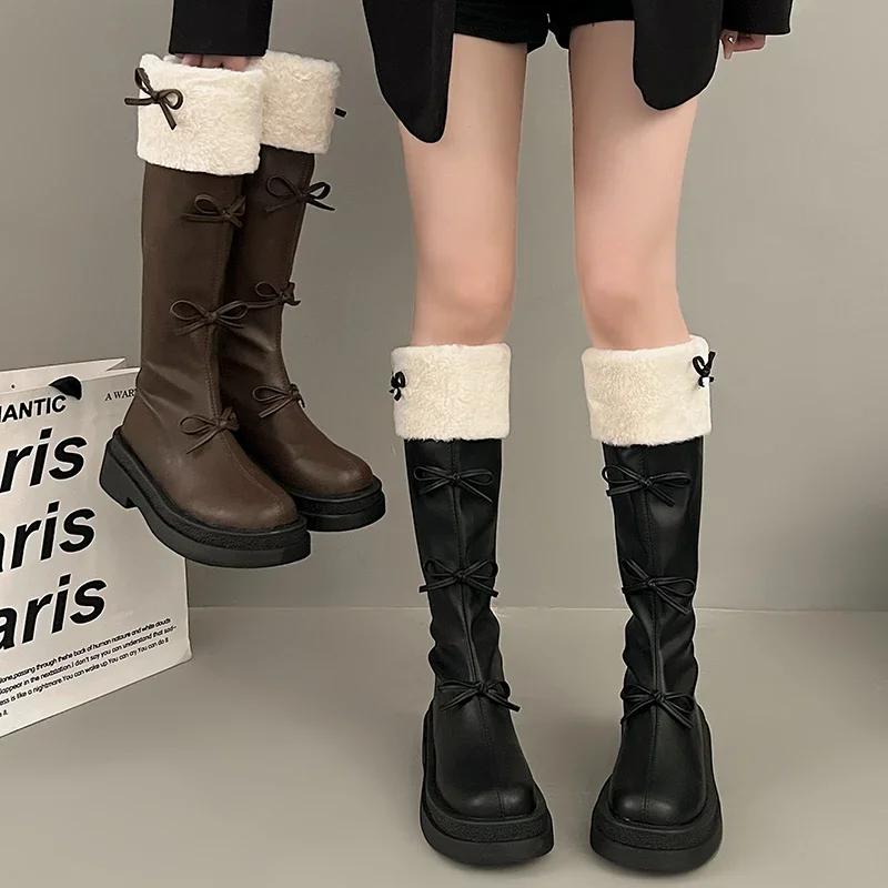 Fashion Sweet Butterfly Knot Woman's Boots 2025 New Korean Style Fashion Brown High Boots Plush Thickened Winter Ladies Knee-High Boots