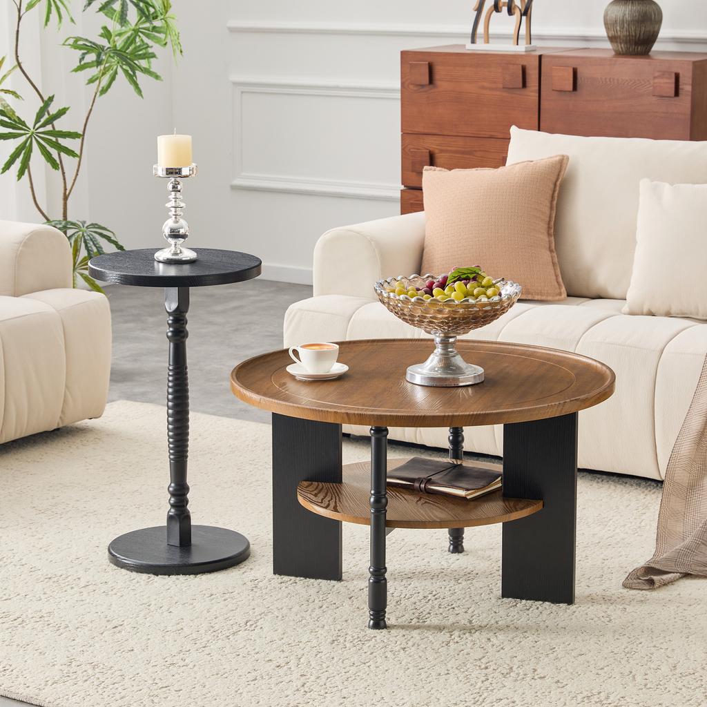 2-Piece Round Coffee Table Set, Wood Fiberboard PVC Vacuum-Press, 80 cm Table with Storage and 38 cm Side Table, Living Room and Bedroom