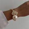 SHIXIN Elegant Inlaid Rhinestone Imitation Pearl Open Spring Bangle for Women Vintage Gold Color Wide Cuff Bracelet Jewelry Gift