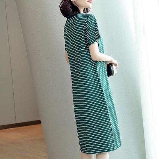 Women Casual Striped Middle Dress Short Sleeve Loose Round Neck Summer Lightweight Comfortable Office Beach Dress