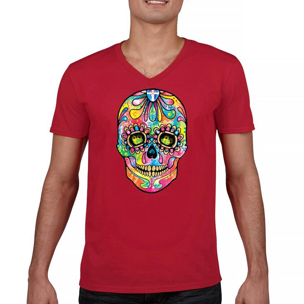 Dean Russo Sugar Skull V-Neck T-shirt Day of the Dead Neon Calavera Tee