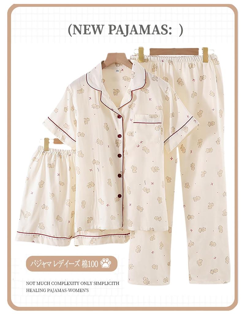 OLATONG Cotton Gauze Set with Short Open Top and Loose Perfect for and Hospital and Gentle on the Skin Women's 100% Pajamas, 3-Piece Sleeves, Front,