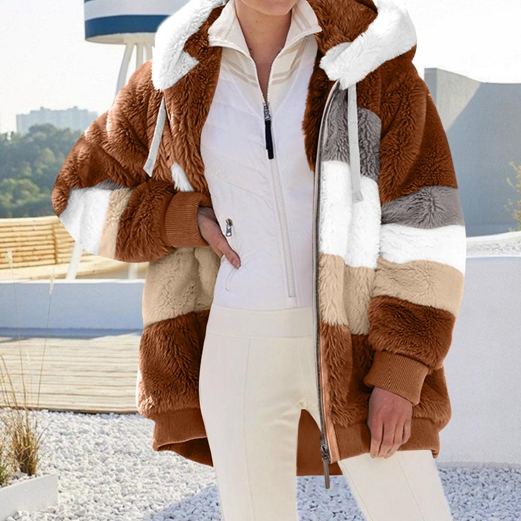 Women's Fashionable Plush Patchwork Zipper Pocket Hooded Long Sleeved Loose Warm Jacket