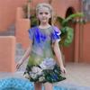 Girls Green Graffiti Rose Print Dresses Kids Girl Party Dress Loose Fitting Loose Fitting Short Sleeved Skirt For Girls Over Four Years Old