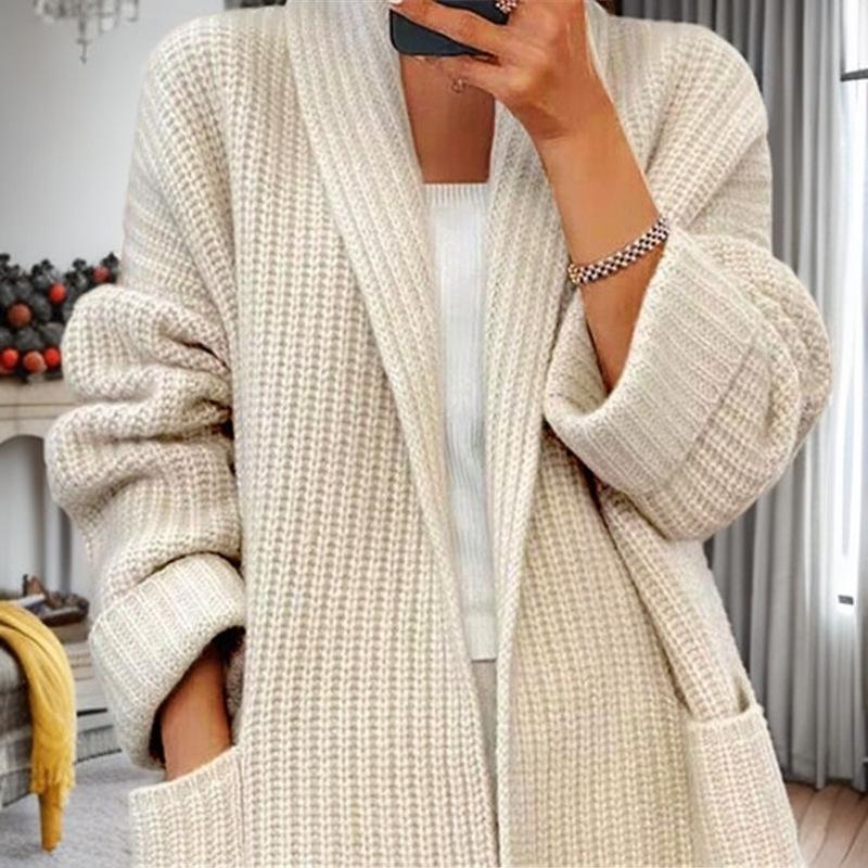 Autumn and winter women's new thickened solid color V-neck knitted cardigan loose pocket sweater jacket