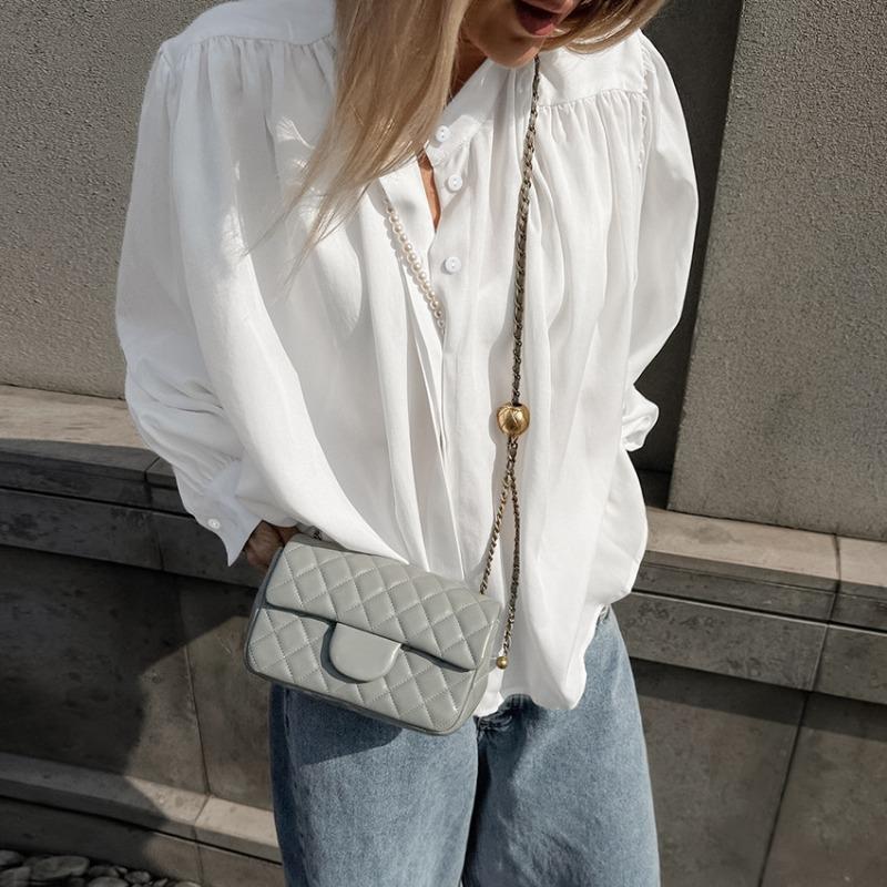 Women S Elegant White Stand Collar Loose Mid Length Shirt