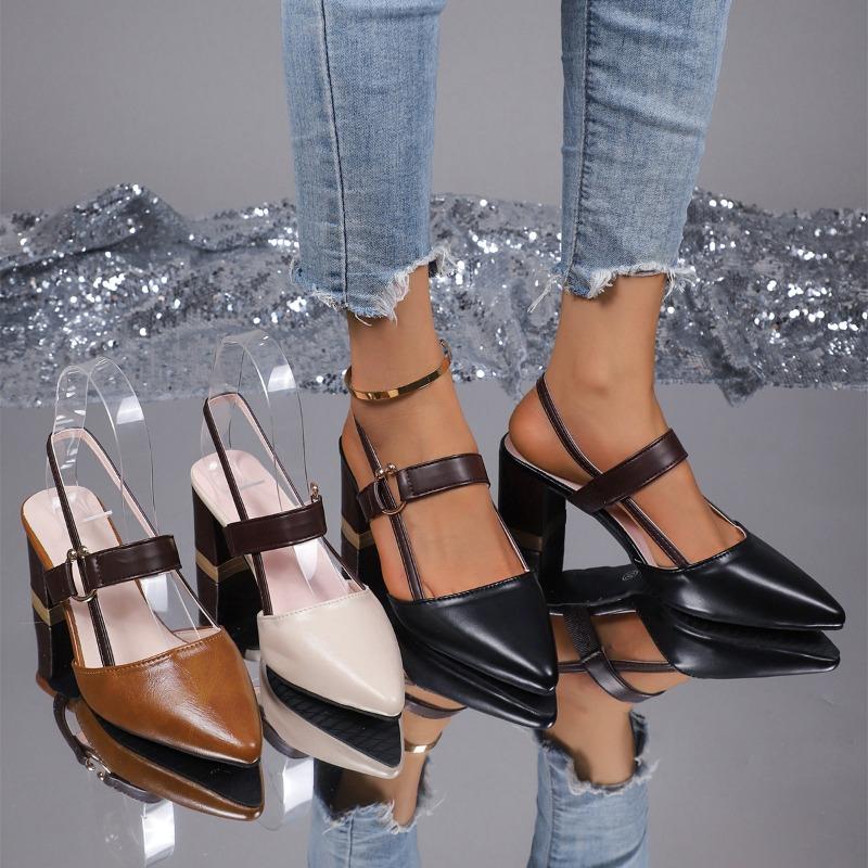 Мода 2025 Новые Элегантные Босоножки с Острым Носком и Массивным Каблуком Женские Летние Туфли на Высоком Каблуке Женская Мода Туфли на Толстом Каблуке Вечерние Босоножки для Платья