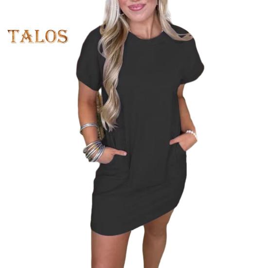 Женское платье-футболка с коротким рукавом, повседневное короткое платье с круглым вырезом и карманами, летнее мини-платье-футболка