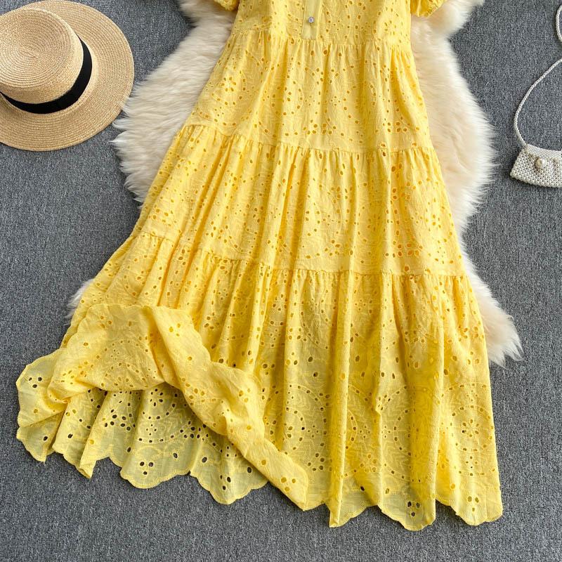 New Elegant Hollow Out Embroidered Polo Bubble Sleeves Loose Bohemian Vacation Dress Womecasual Dresses for Women