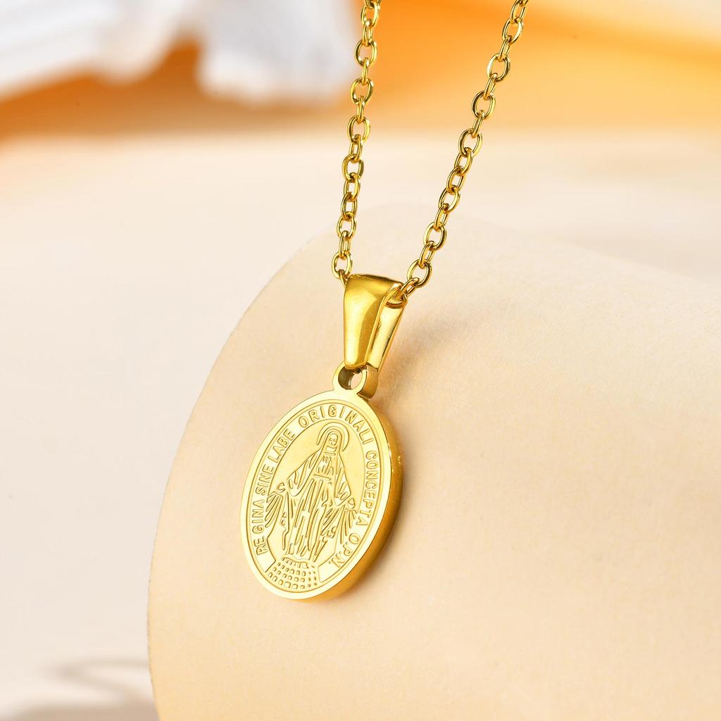 Double Sided Pattern Stainless Steel Necklaces for Women, Virgin Mary Gold Plated Pendant Necklace, New in Fashion Jewelry Gift