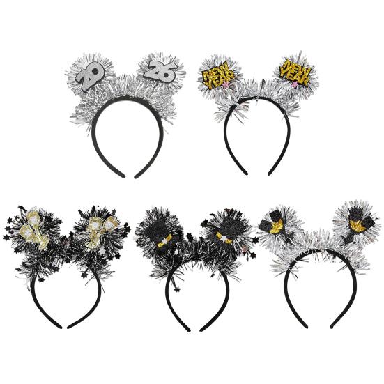 2026 New Year Headband with "Happy New Year" Letters Glitter Tinsel Hairband with Wine Glass Hat Party Headwear for Countdown Celebration