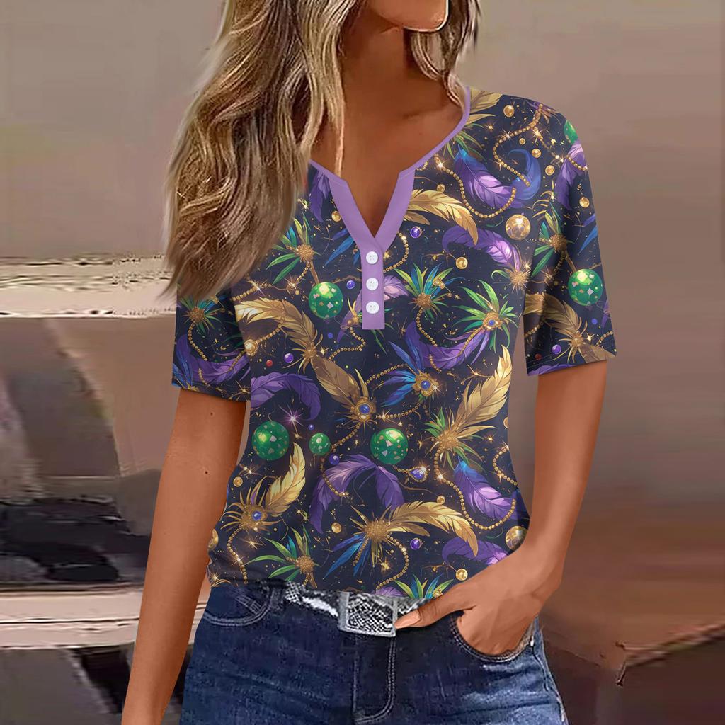 Жен. Футболка Футболка С принтом Пуговицы С короткими рукавами Повседневные Выходные Мода Классический V-образный вырез Обычный Верх