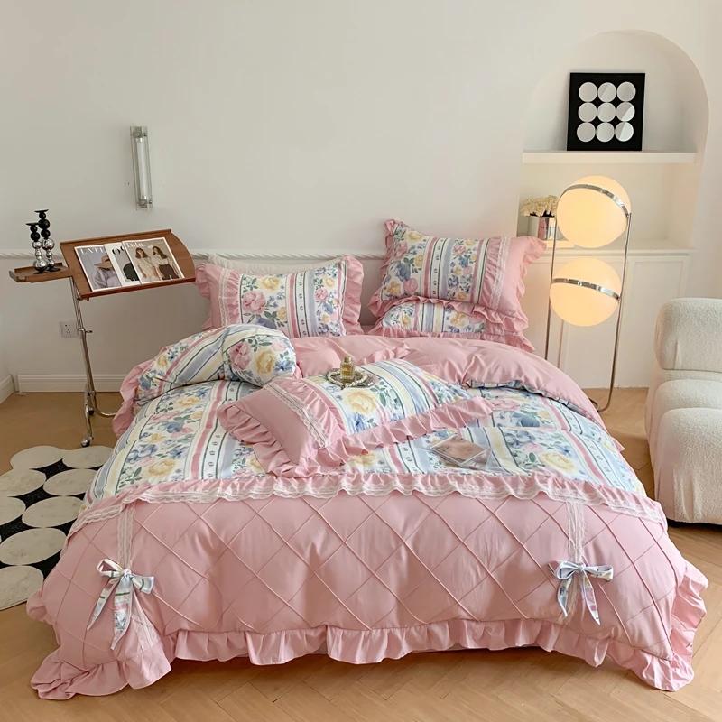 4Pcs Princess Bow Korean Duvet Cover With Ruffle Lace Luxury Bedding Set Bed Sheet For Girls Flower Bedspread Decor Home