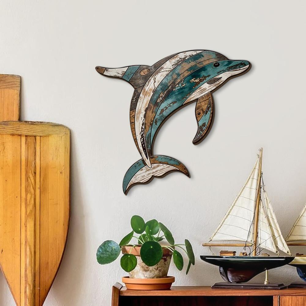 Retro Wooden Dolphin Wall Ornament Ocean Series Marine Animal Decoration Summer Outdoor Hawaiian