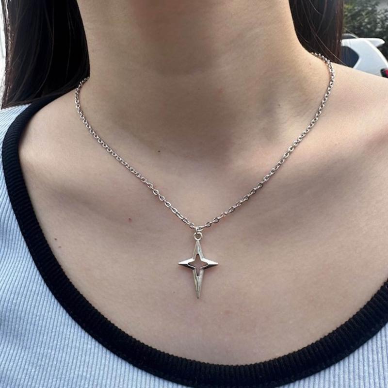 Adjustable Length Neckchain Trendy Four Pointed Star Pendant Choker Unisex Necklace Sweater Chain for Daily Wear