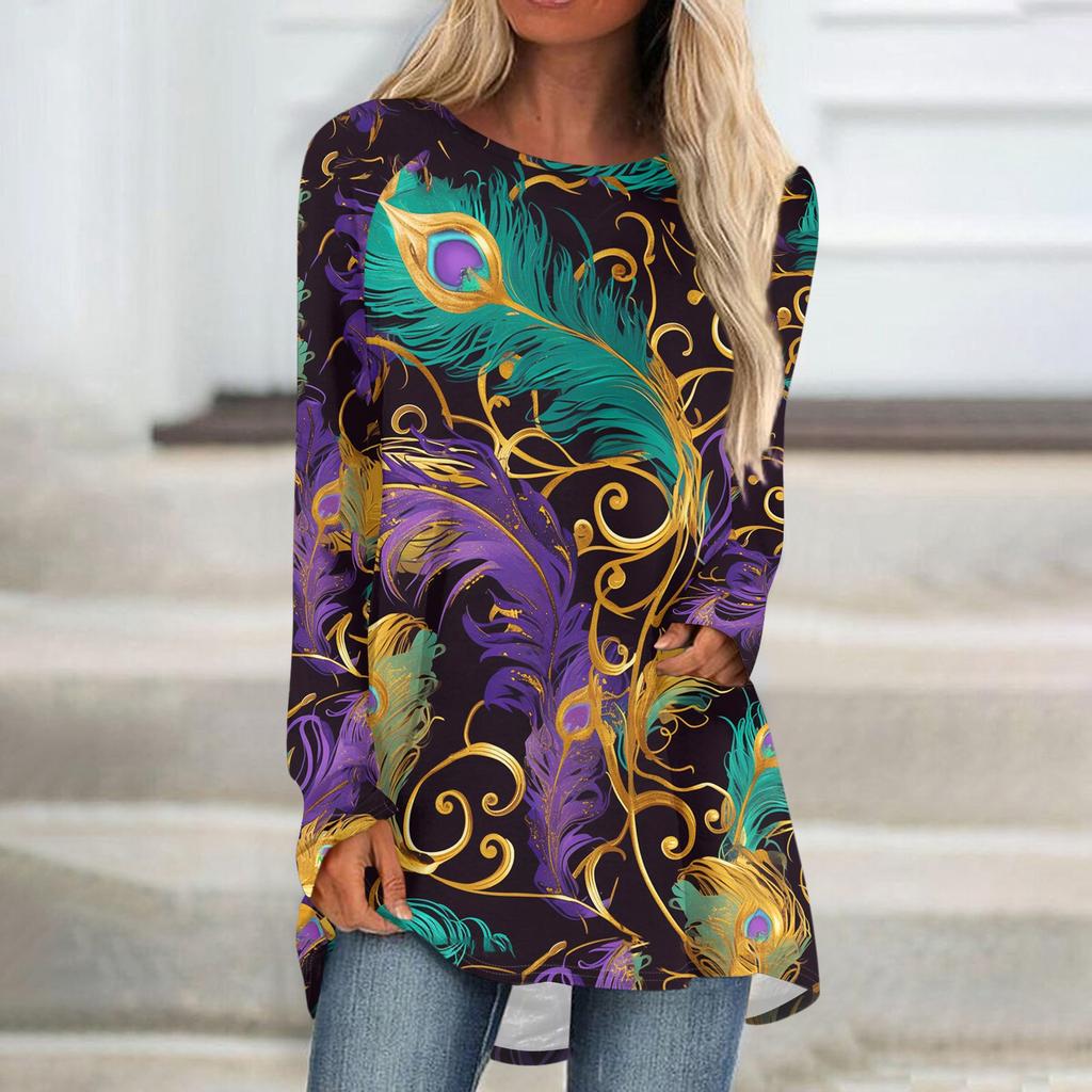 Women's Fashionable Round Neck Raglan Long Sleeved Carnival Printed Casual Pullover Top
