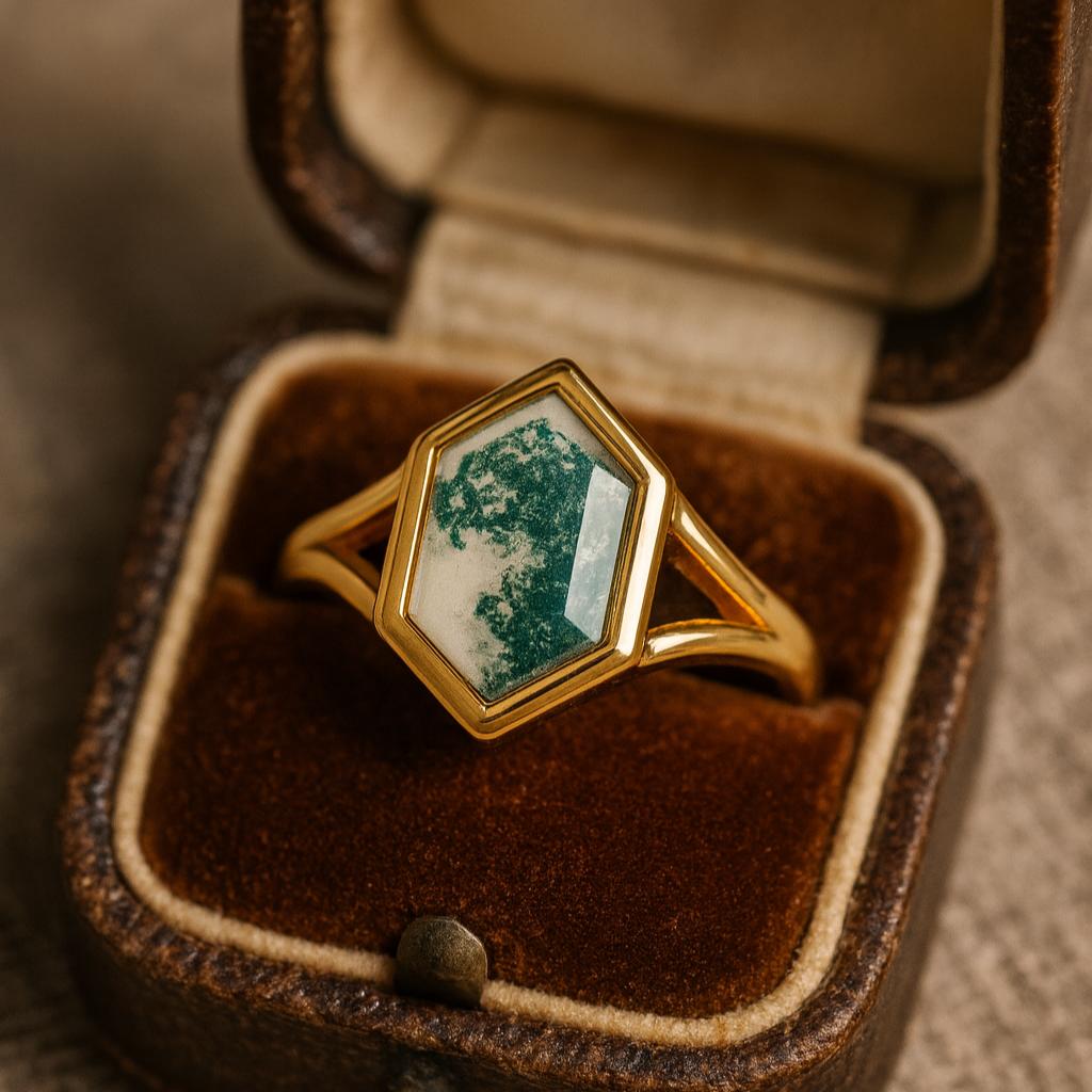 Свадьба Помолвка Юбилей Обещание Подарок – Винтажное кольцо с моховым агатом огранки «шестиугольник», оправа с позолотой из желтого золота, свадебные украшения для женщин