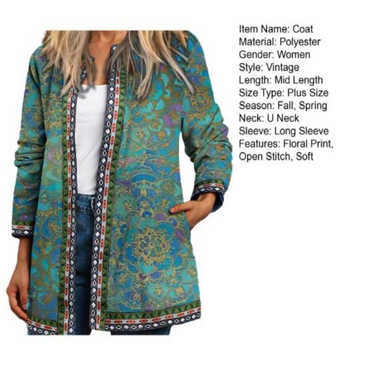 Винтажный кардиган с U-образным вырезом и цветочным принтом, женское пальто свободного кроя с открытой вязкой для осени, насыщенных цветов, с длинными рукавами и карманами, не выцветает, весна-осень