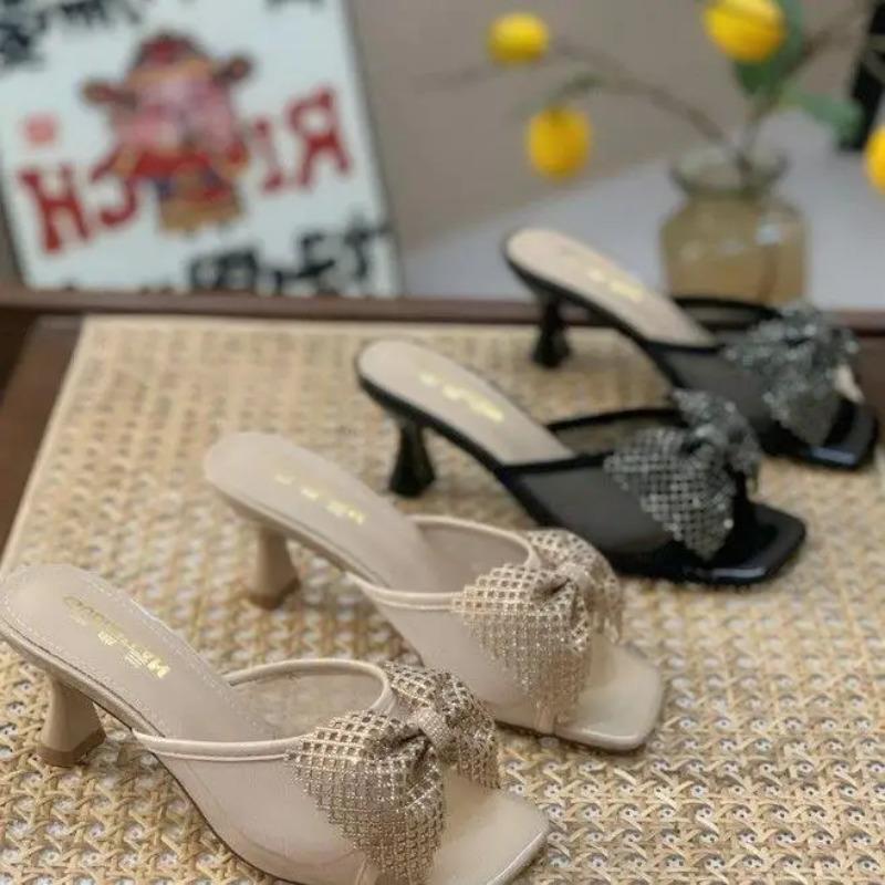 Модные женские туфли с сетчатым бантом на высоком каблуке, новые французские повседневные полые женские сандалии, дизайнерские повседневные женские тапочки