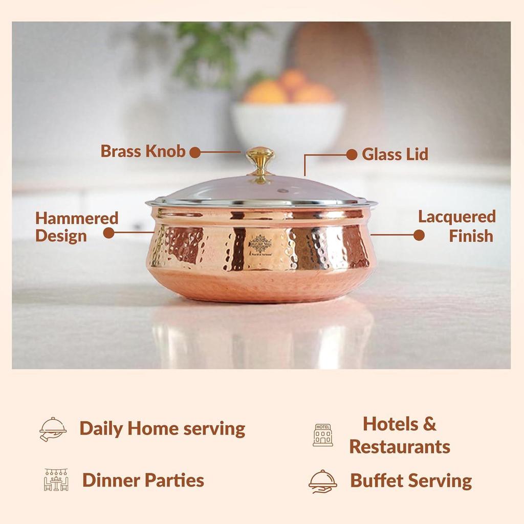 Steel Copper Serving Handi with Glass Lid 1400 ML - Serving Dishes Chicken Briyani Vegetables Home Hotel Restaurant Tableware Dishware