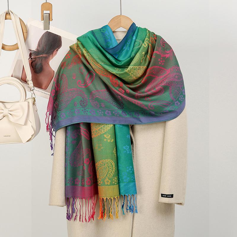 Boho Elegant Jacquard Pashmina Imitation Cashmere Scarf Winter Thick Warm Rainbow Color Shawl Wrap Coldproof Blanket Scarf Stole