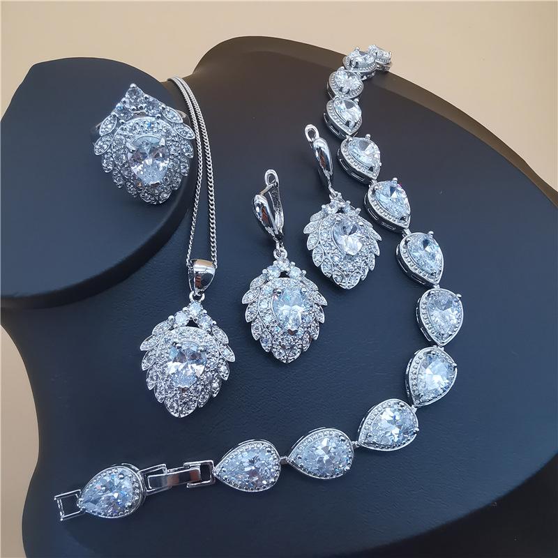 Fashion Bridal Costume Jewelry Set Ladies Accessories Zirconia Earrings Necklace Bracelet Ring Set
